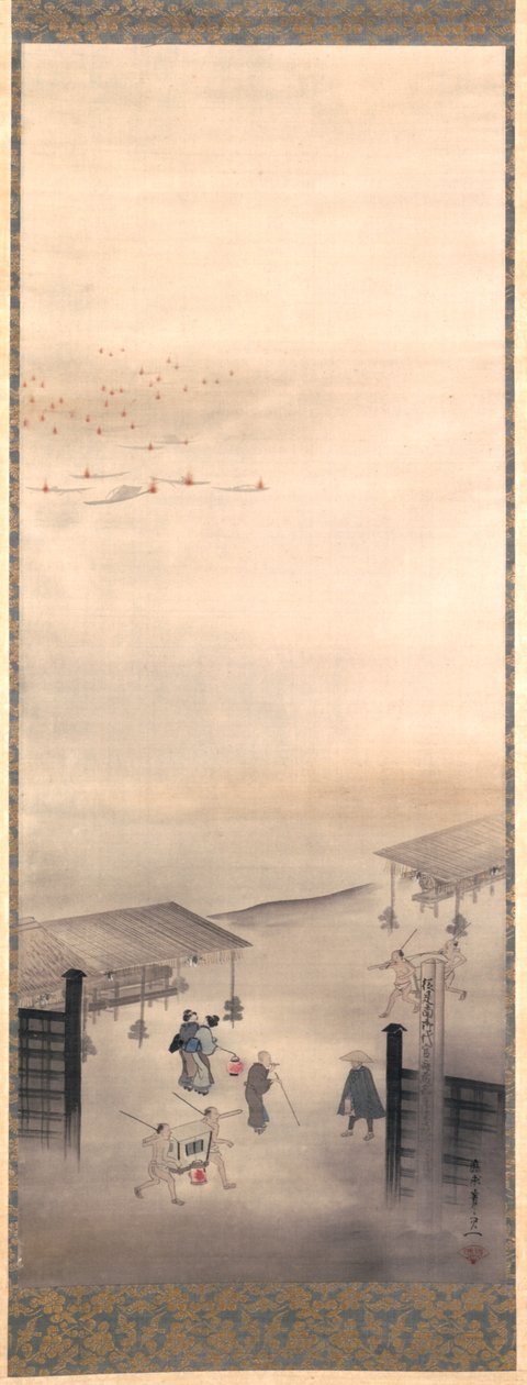 Yoshiwara og Shinagawa, Edo-periode (blæk, farve og guld på silke) af Suzuki Kiitsu
