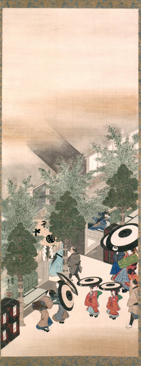 Yoshiwara og Shinagawa, Edo-periode (blæk, farve og guld på silke) af Suzuki Kiitsu