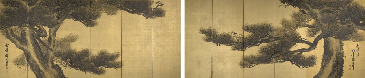Aged Dragons (blæk og lys farve på bladguld over papir) af Suzuki Shōnen