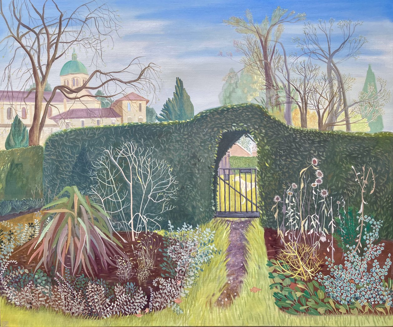 Indgang til køkkenhaven, Waterlow Park, Highate, 2025 (olie på linned) af Suzy Fasht