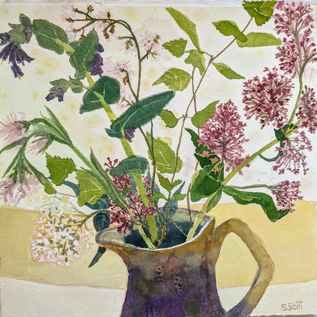 Forårsblomster med baldrian, 2020 (akvarel på papir) af Suzy Fasht