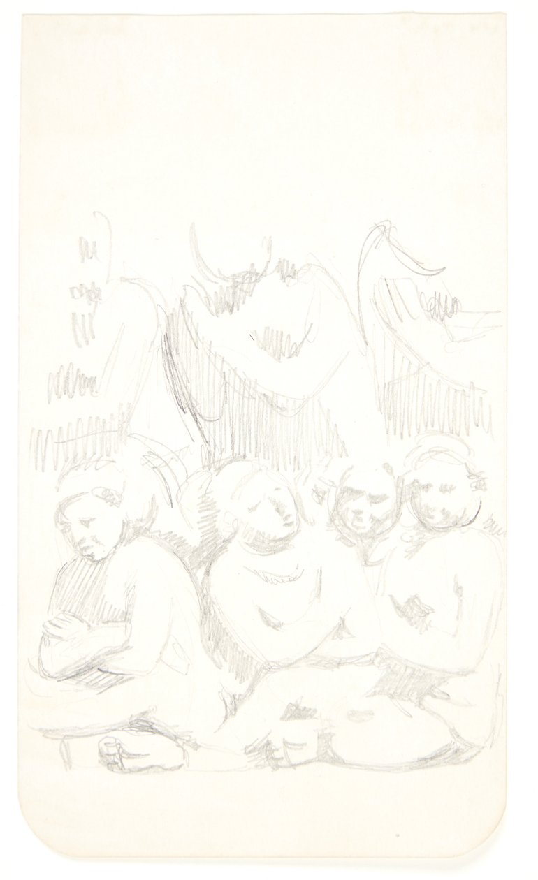 Gruppe med siddende figurer med korslagte arme i forgrunden. Studieblad efter relieffer i Borobudur, Java. af Svend Rathsack