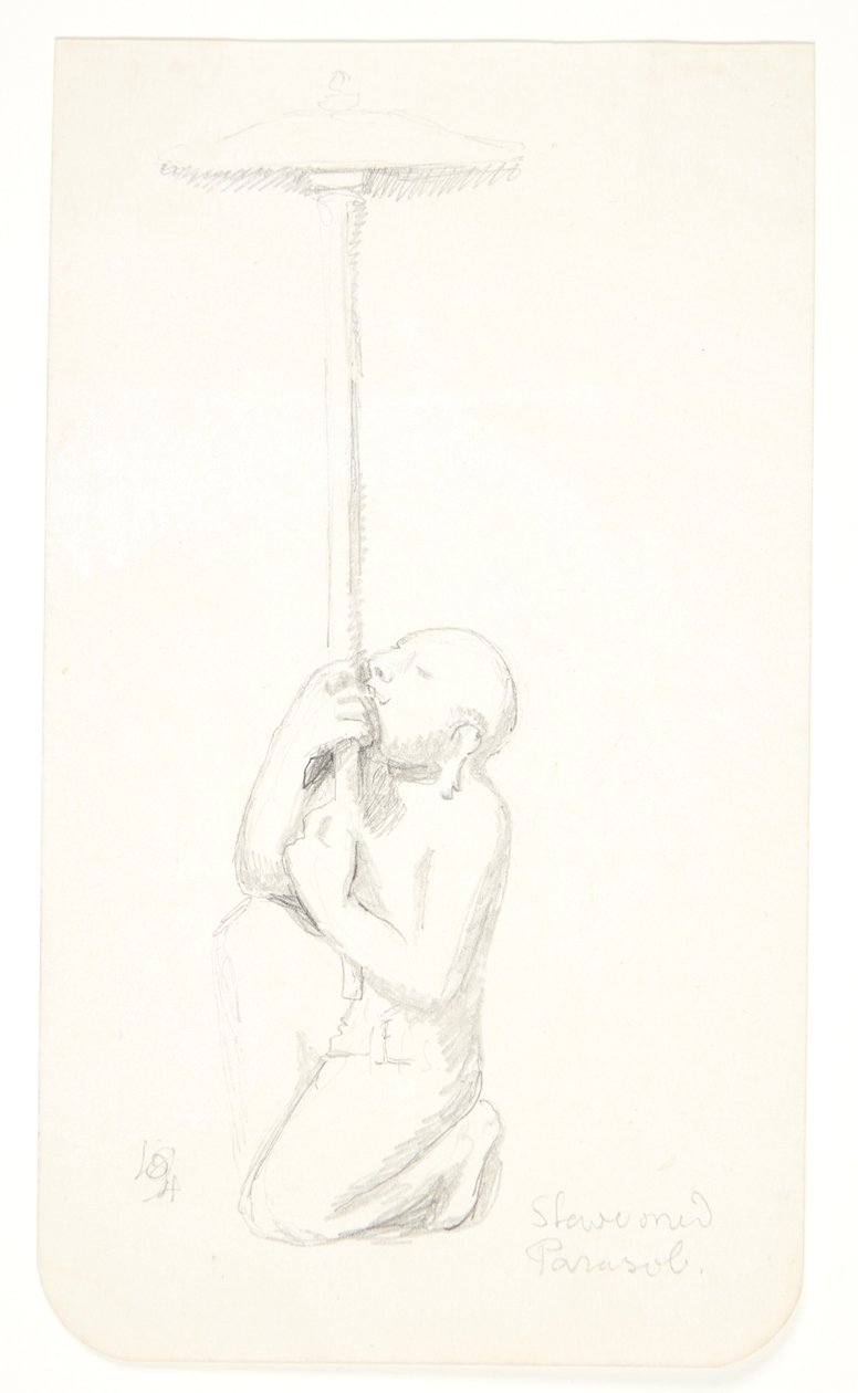 "Slave med parasol". Studieblad efter relieffer i Borobudur, Java. af Svend Rathsack
