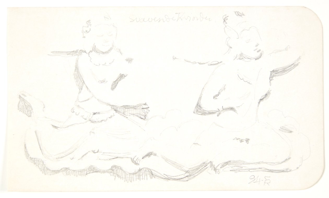 "Svævende kvinder". Studieblad efter relieffer i Borobudur, Java. af Svend Rathsack