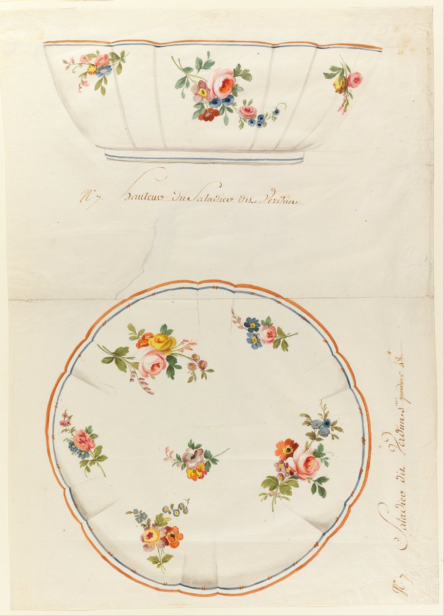 Design til en malet porcelænssalatskål med kammuslinger, til Sèvres Porcelænsfabrik af Sèvres Porcelain Manufactory