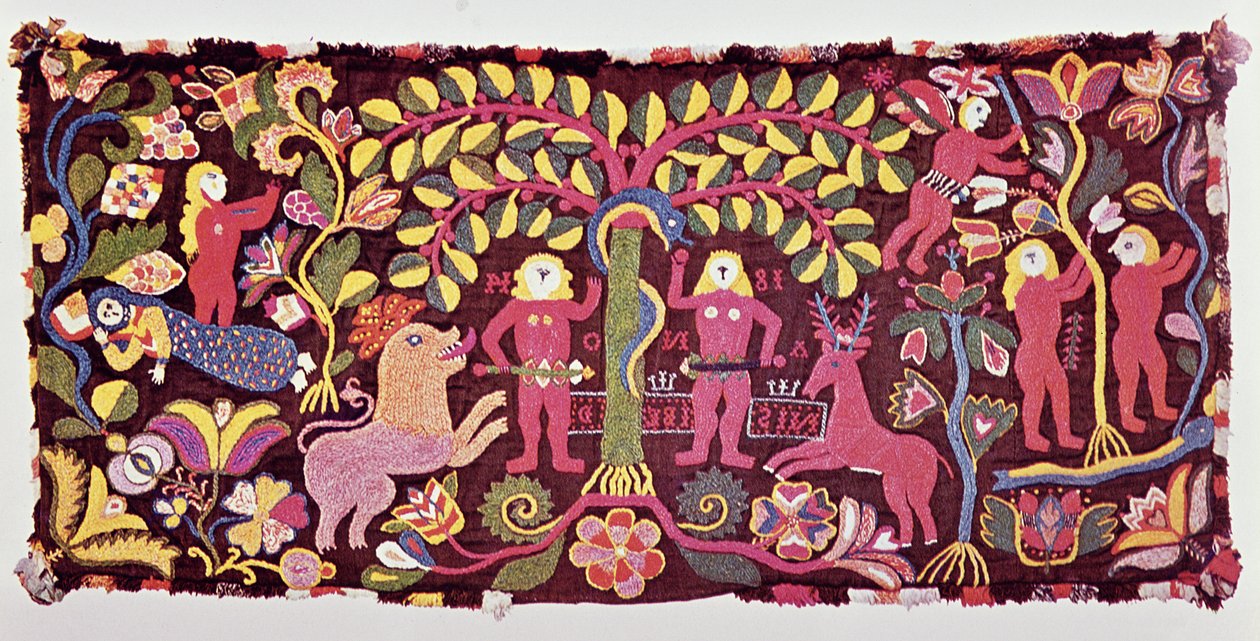 Vognpudebetræk, der viser menneskets fald, Evas skabelse og uddrivelsen af paradis, fra Akarp, Skåne, Sverige, ca. 1814 (tekstil) af Swedish School