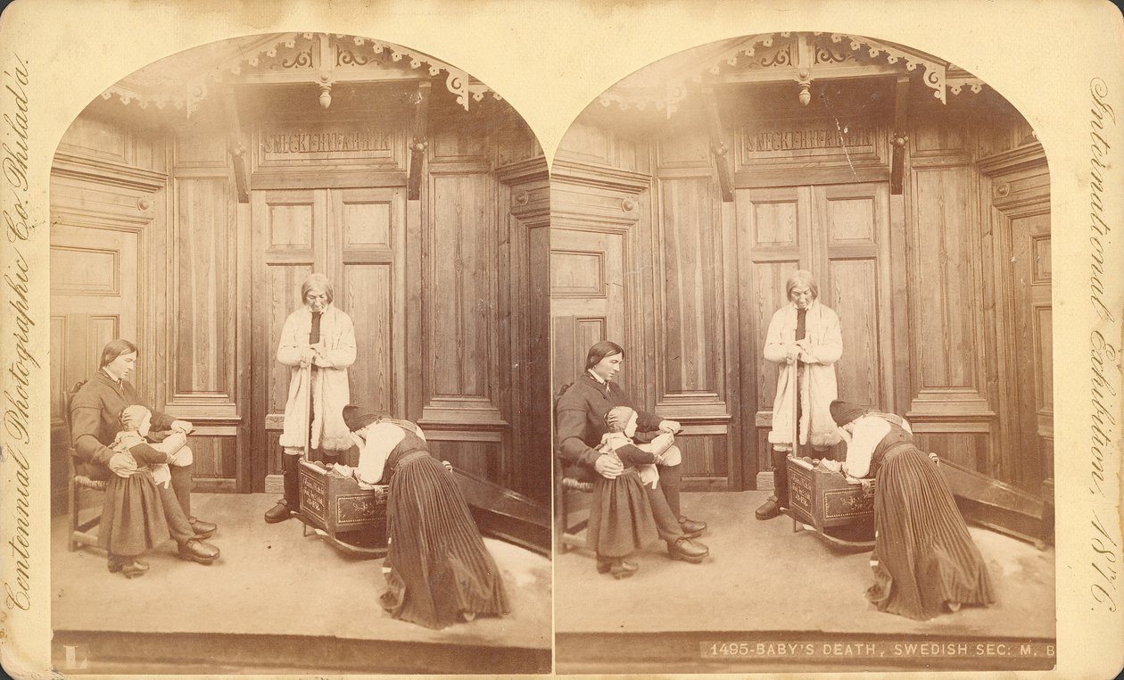 Babys Death, svensk sektion, fra udstillingstitel: Scener i svenskernes hjemmeliv, udstilling #na, hovedudstillingsbygning, bygning, 1876 (stereoskopisk tryk) af Swedish Photographer