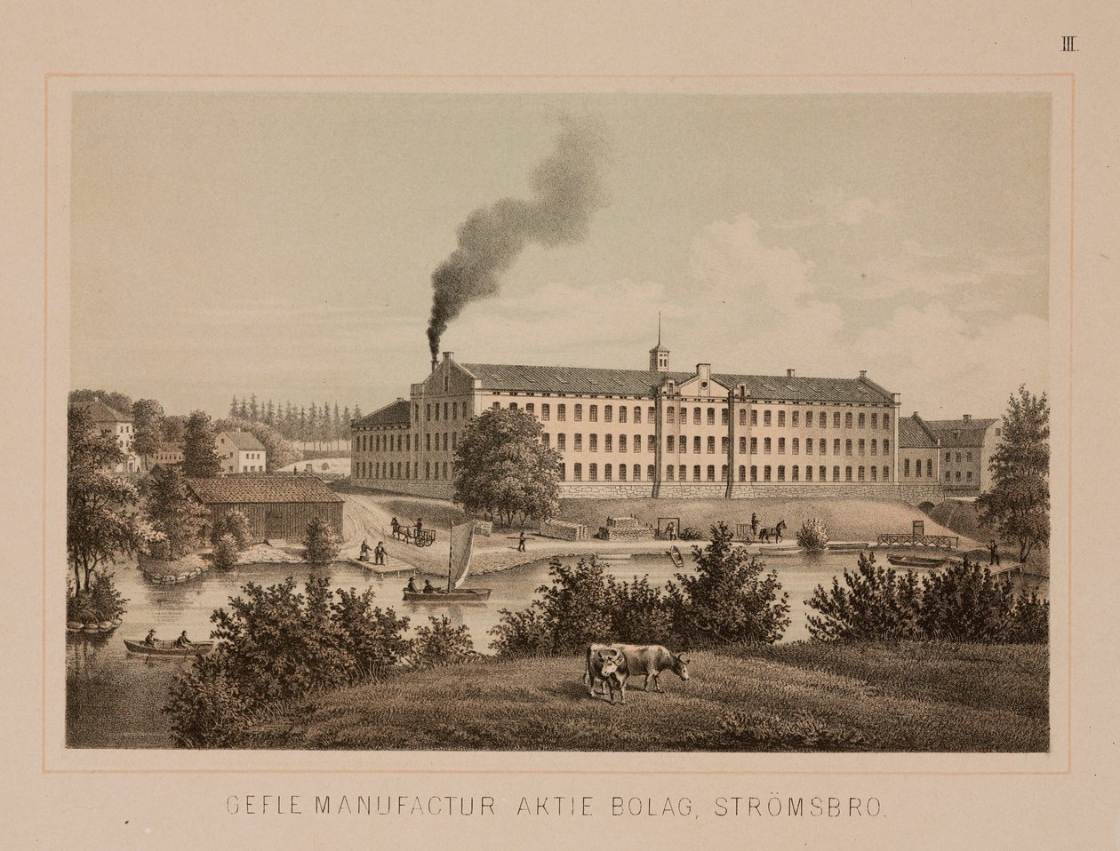 Bomuldsmølle, Stromsbro, Sverige, ca. 1840 (farve litho) af Swedish School