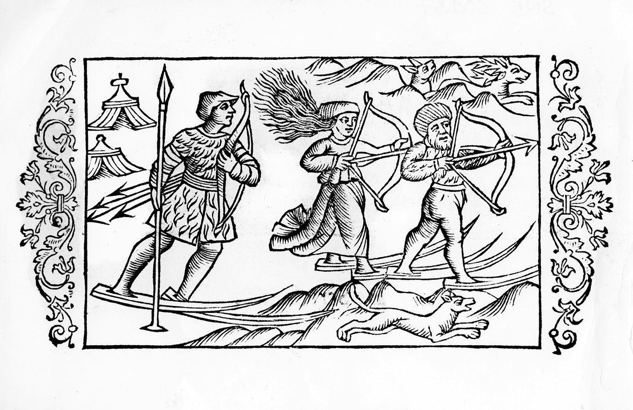 Finsk skijagt - i "De Gentibus septriionalibus""" af ærkebiskop Olaus Magnus, Sverige af Swedish School
