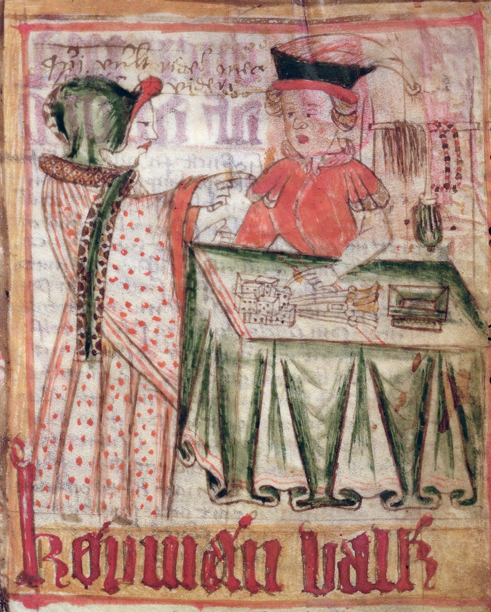 Interiør i en butik, fra Magnus Erikssons nationale lovkodeks (1319-64) ca. 1450 af Swedish School