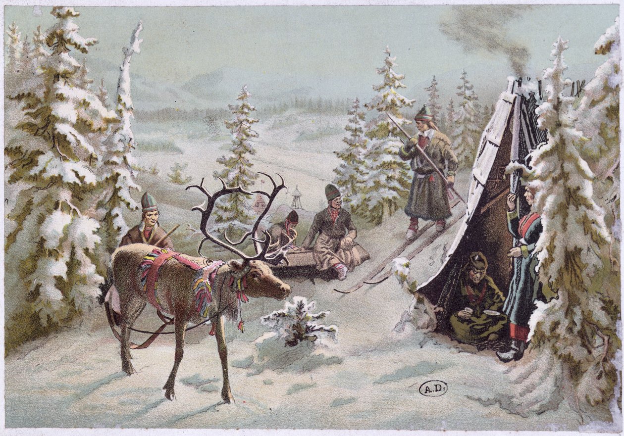 Nordsverige: efterårstræk i Lapland omkring Luleå, slutningen af det 19. århundrede (farvet litho) af Swedish School