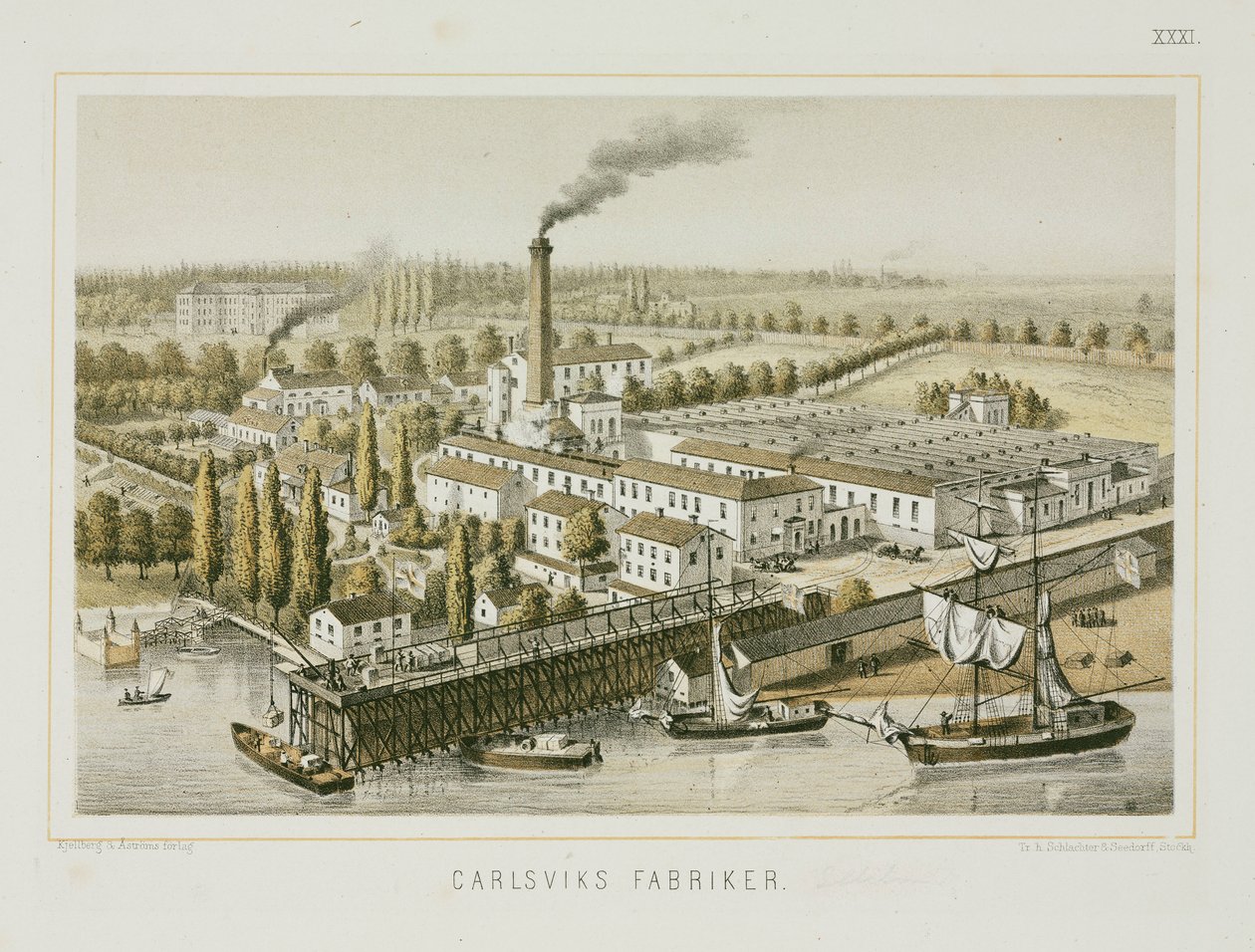 Tekstilfabrik, Carlsviks, Stockholm, Sverige, ca. 1840 (farve litho) af Swedish School
