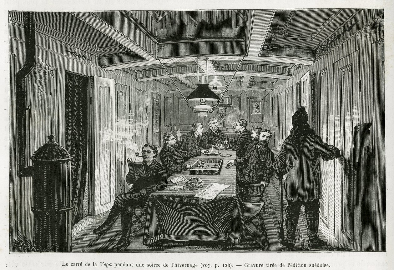 Pladsen i La Vega, i løbet af en vinteraften, og besætningens aktiviteter: læsning, skak- og backgammonspil samt likørsmagning. Gravering fra den svenske udgave, for at illustrere historien "" Voyage de la Vega rundt i Asien og Europa", af Ni af Swedish School