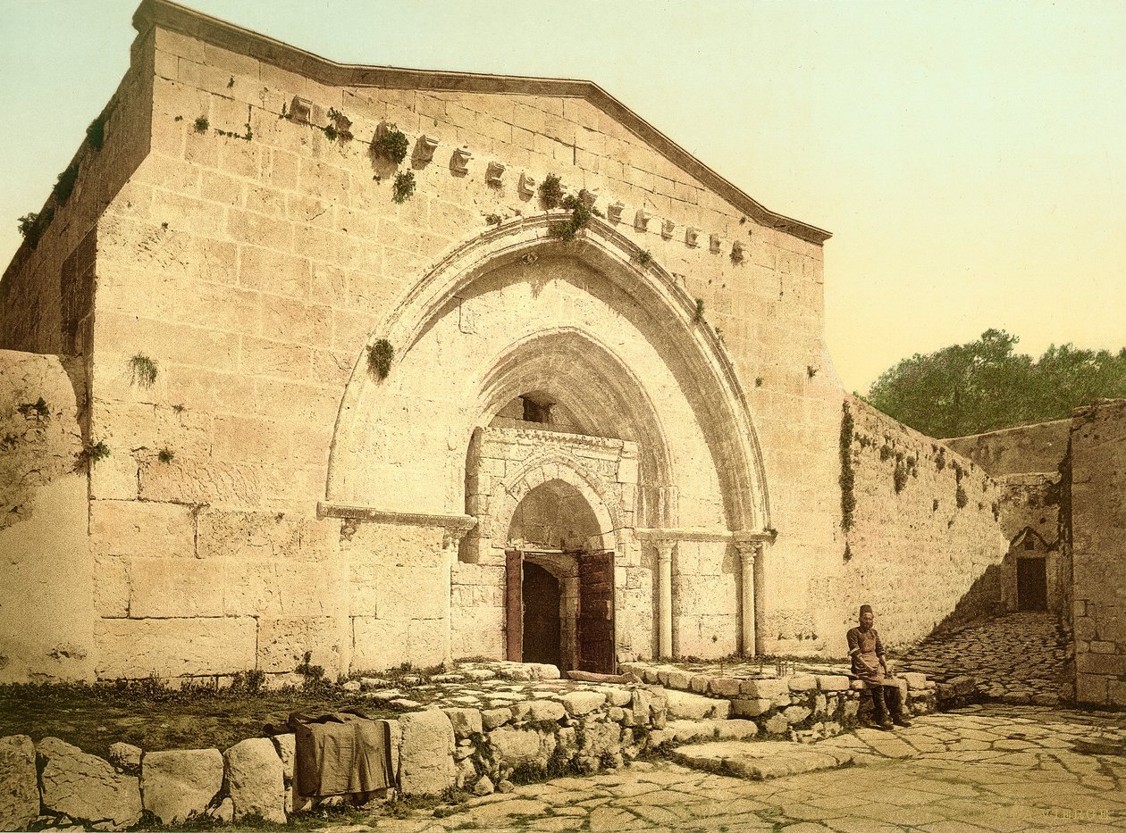 Facade af kirken Jomfru Marias grav i Kedron-dalen, Jerusalem, ca. 1880-1900 (fotokrom) af Swiss Photographer