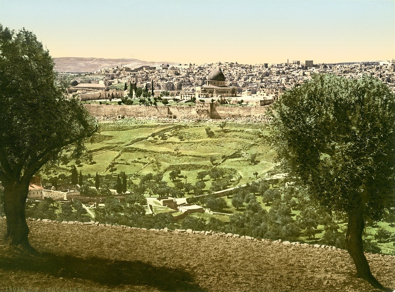 Generelt billede af Jerusalem fra øst, ca. 1880-1900 (fotokrom) af Swiss Photographer