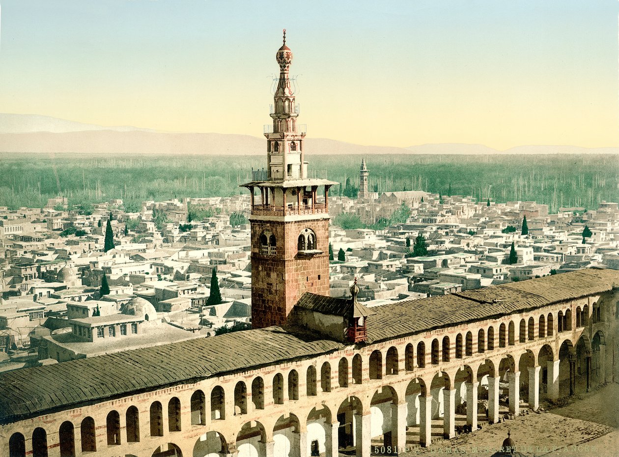 Den såkaldte Minaret de la Forlovede fra den store Umayyad-moske i Damaskus, ca. 1880-1900 (fotokrom) af Swiss Photographer