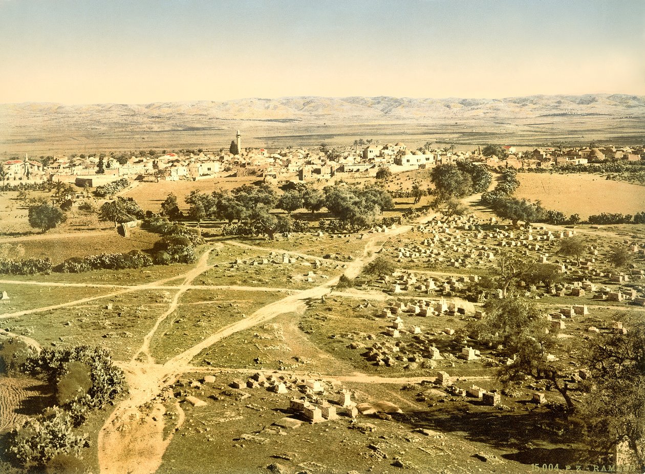 Udsigt over byen Ramleh med kirkegården i forgrunden, ca. 1880-1900 (fotokrom) af Swiss Photographer