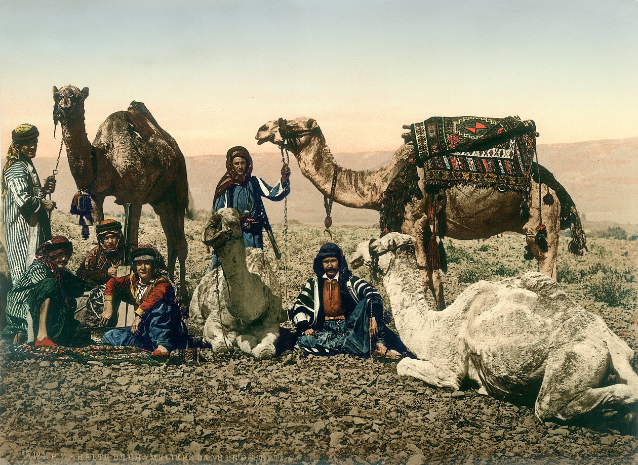 Vestlige rejsende klædt ud som beduiner og deres guider med deres kameler i Jordandalen, ca. 1880-1900 (fotokrom) af Swiss Photographer