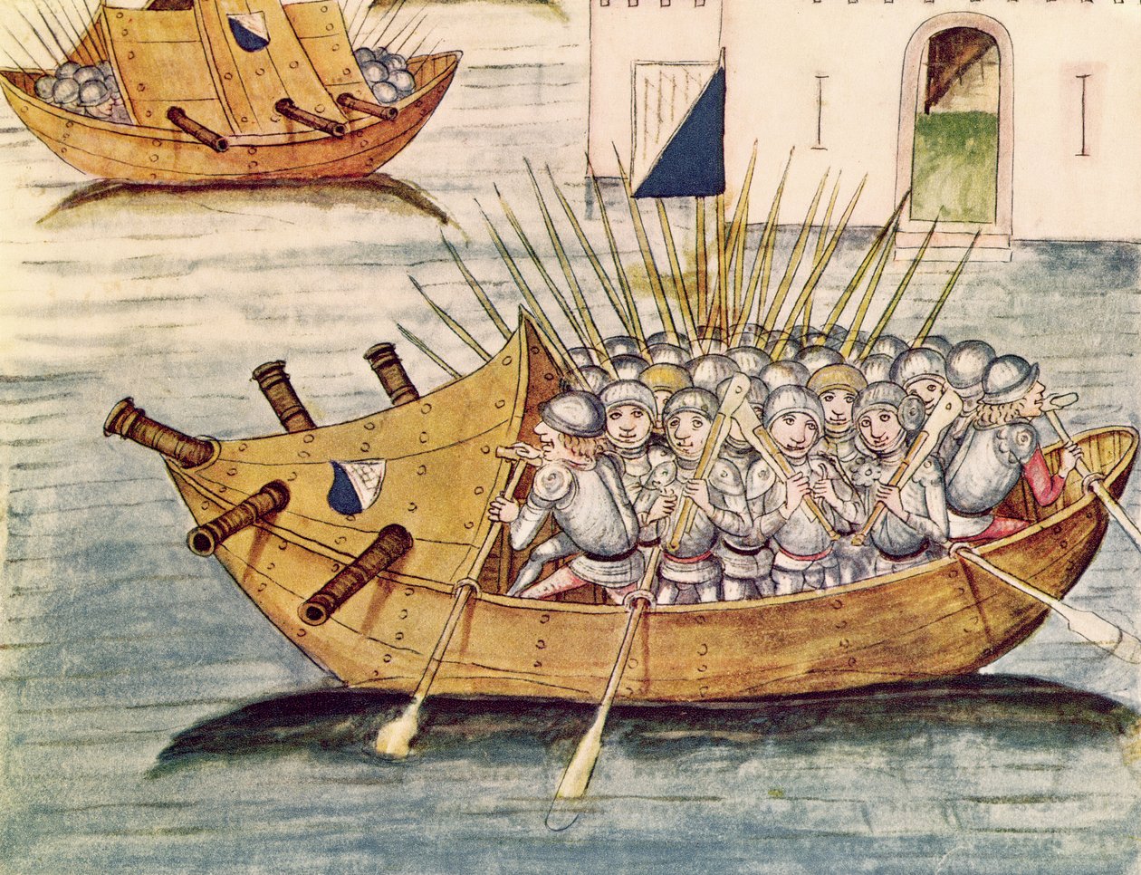 Soldater bevæbnet med kanoner i et fartøj med kanoner, fra Berner Chronik, af Diebold Schilling den Ældre (ca. 1445-85) 1483 af Swiss School