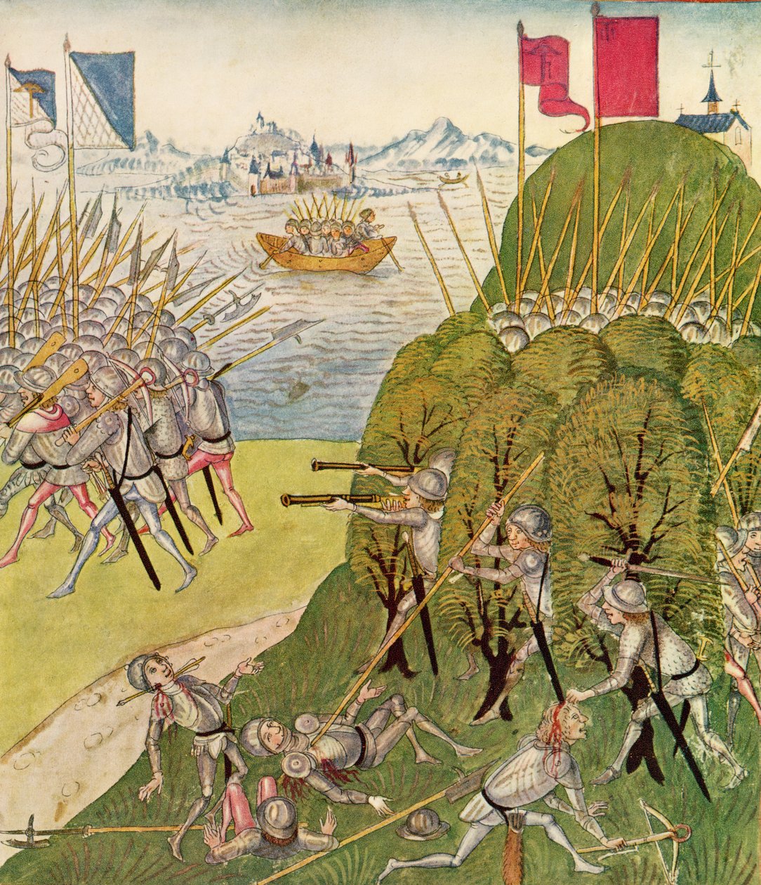 Soldater bevæbnet med kanoner, lanser og armbrøster, fra Berner Chronik, af Diebold Schilling den Ældre (ca. 1445-85) 1483 af Swiss School