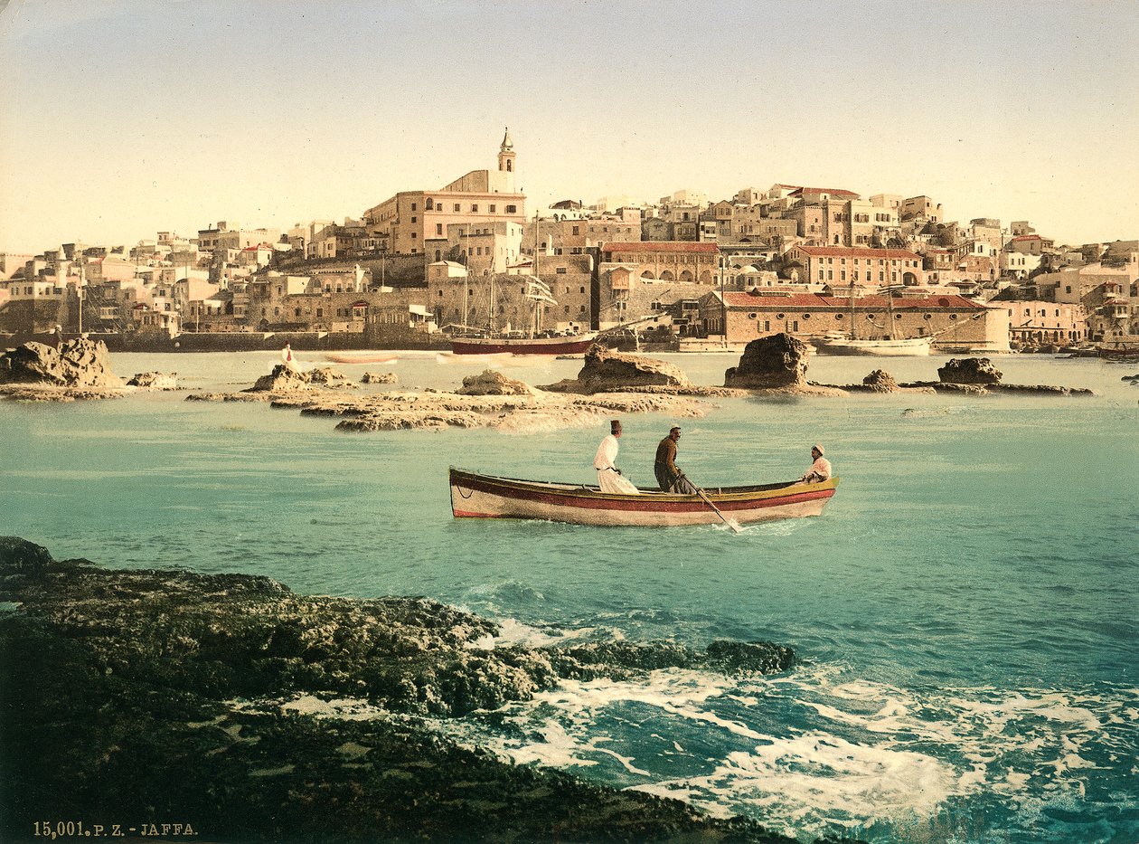 Jaffas havn med byen i baggrunden, ca. 1880-1900 (fotokrom) af Swiss Photographer