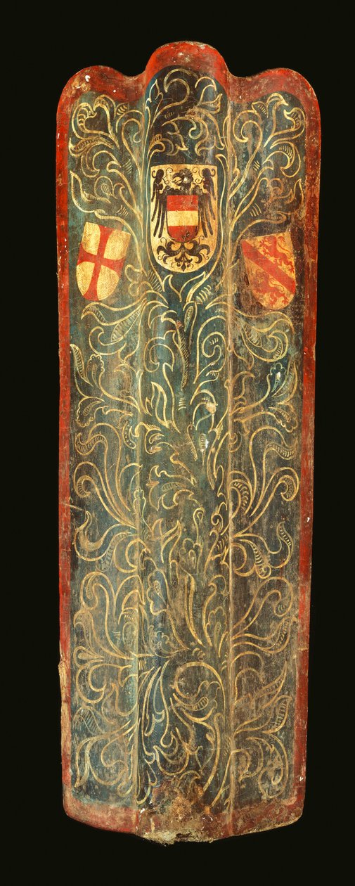 En sjælden schweizisk pavise af træ dækket med gesso malet lærred af grønt rullende løvdesign og våbenskjoldene fra Habsburg, League of St George og byen Winterthur, ca. 1445 af Swiss School