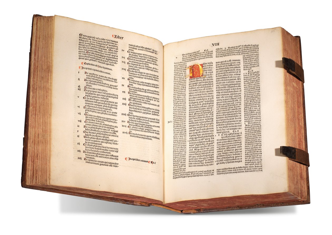 De civitate Dei, med kommentarer af Thomas Waleys (død før 1349) og Nicolaus Trivet (1258?-1328), af Augustin af Hippo, trykt 1489 (pergament) af Swiss School