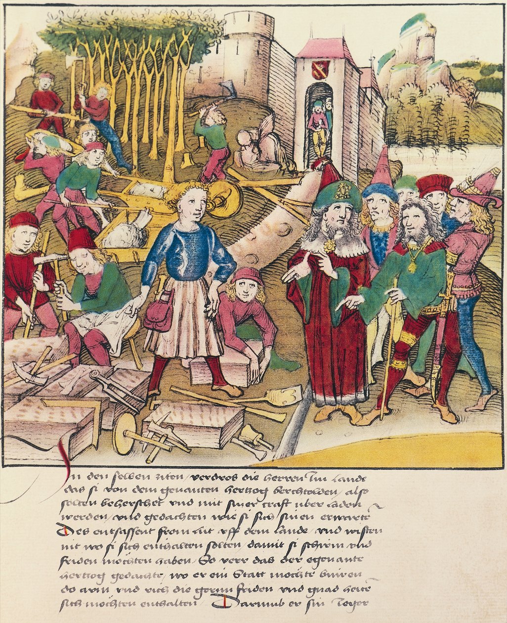 Grundlæggelse af byen Bern i 1191 miniature fra Spiezer Bilderchronik, Schweiz af Swiss School