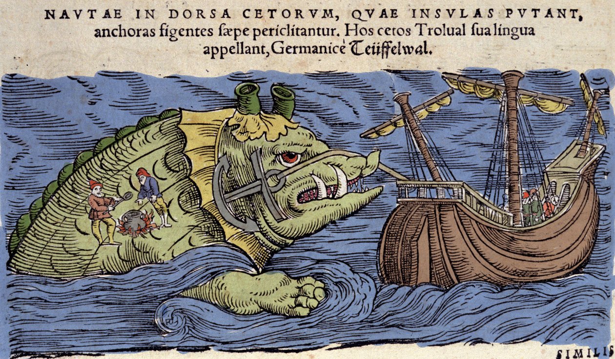 Sømonster og skib, illustration fra 