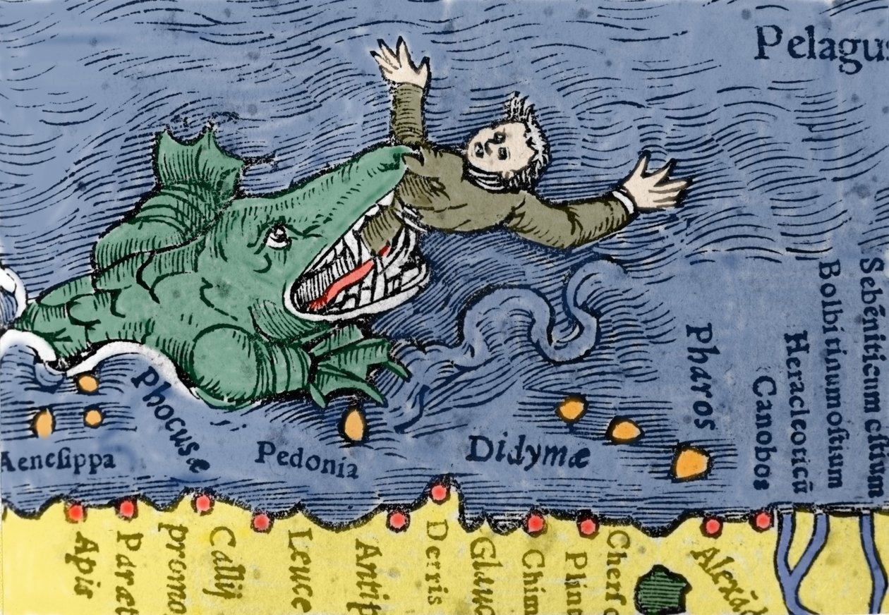 Havmonster spiser et menneske, illustration fra 