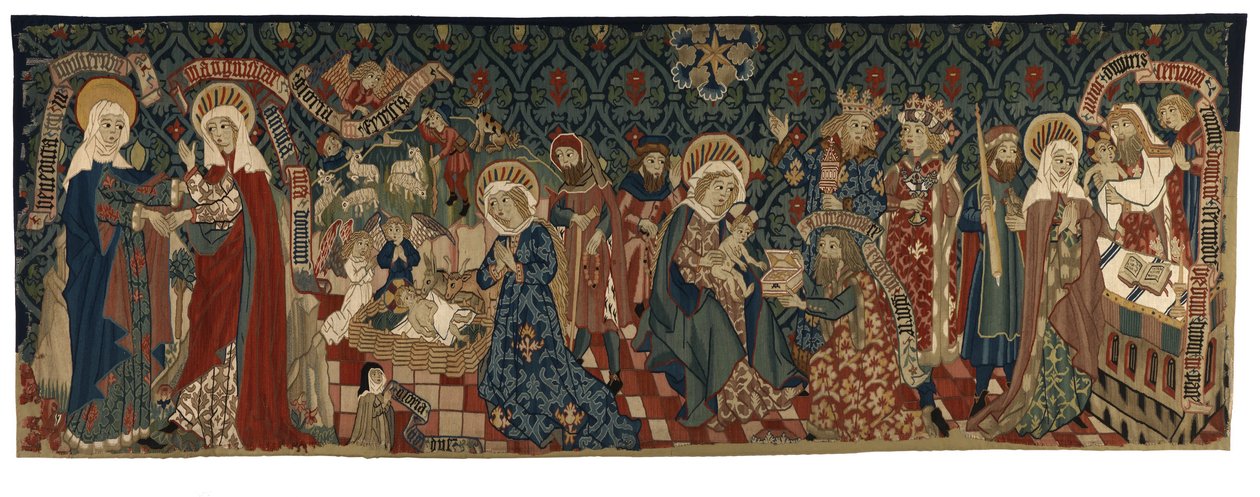 Rygtapet af fire scener fra Jomfruens liv, fra Basel, ca. 1450-75 (uld og hvide hørtråde) af Swiss School