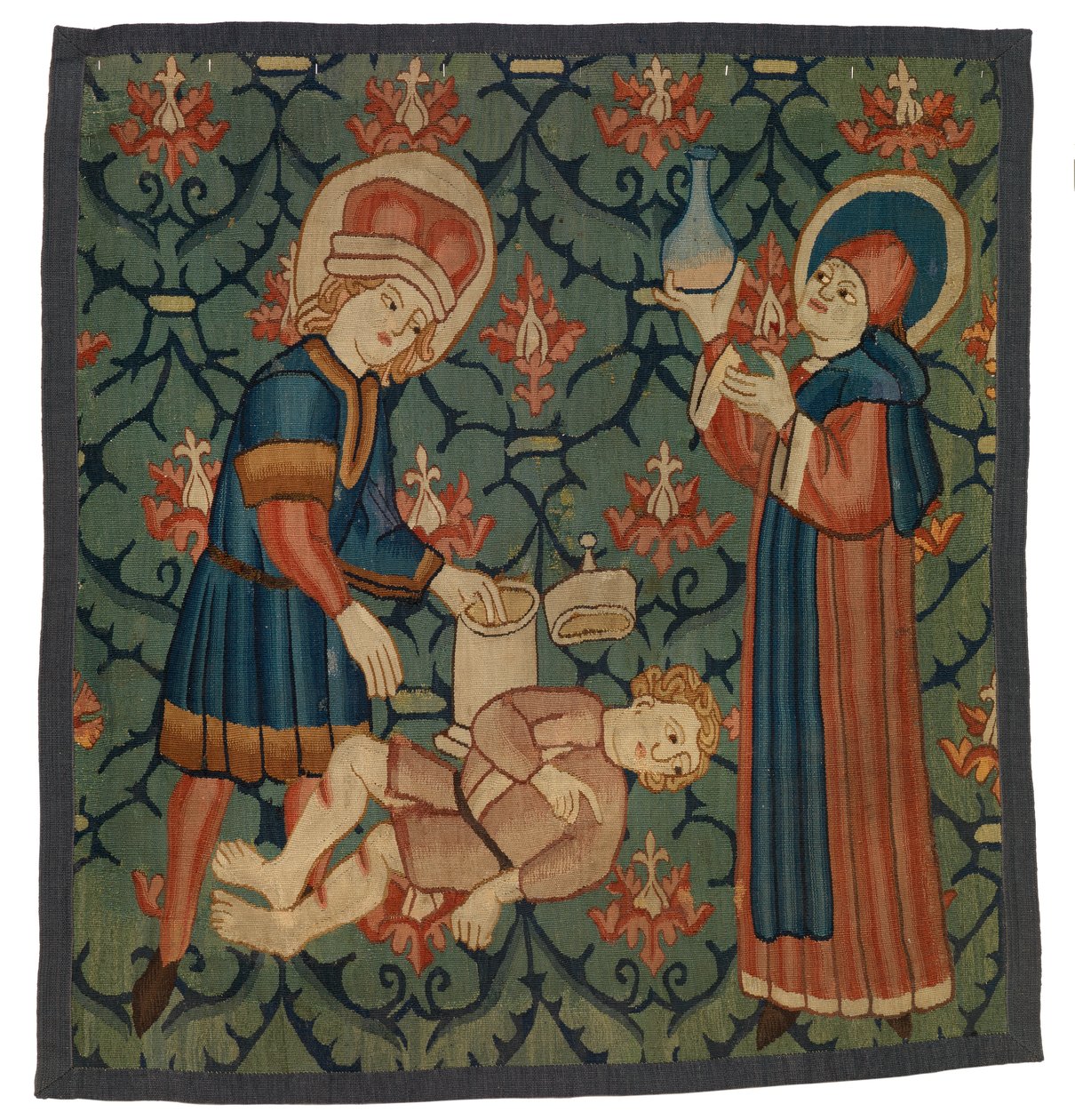 Gobelin-fragment, der forestiller St. Cosmas og St. Damian af Swiss School