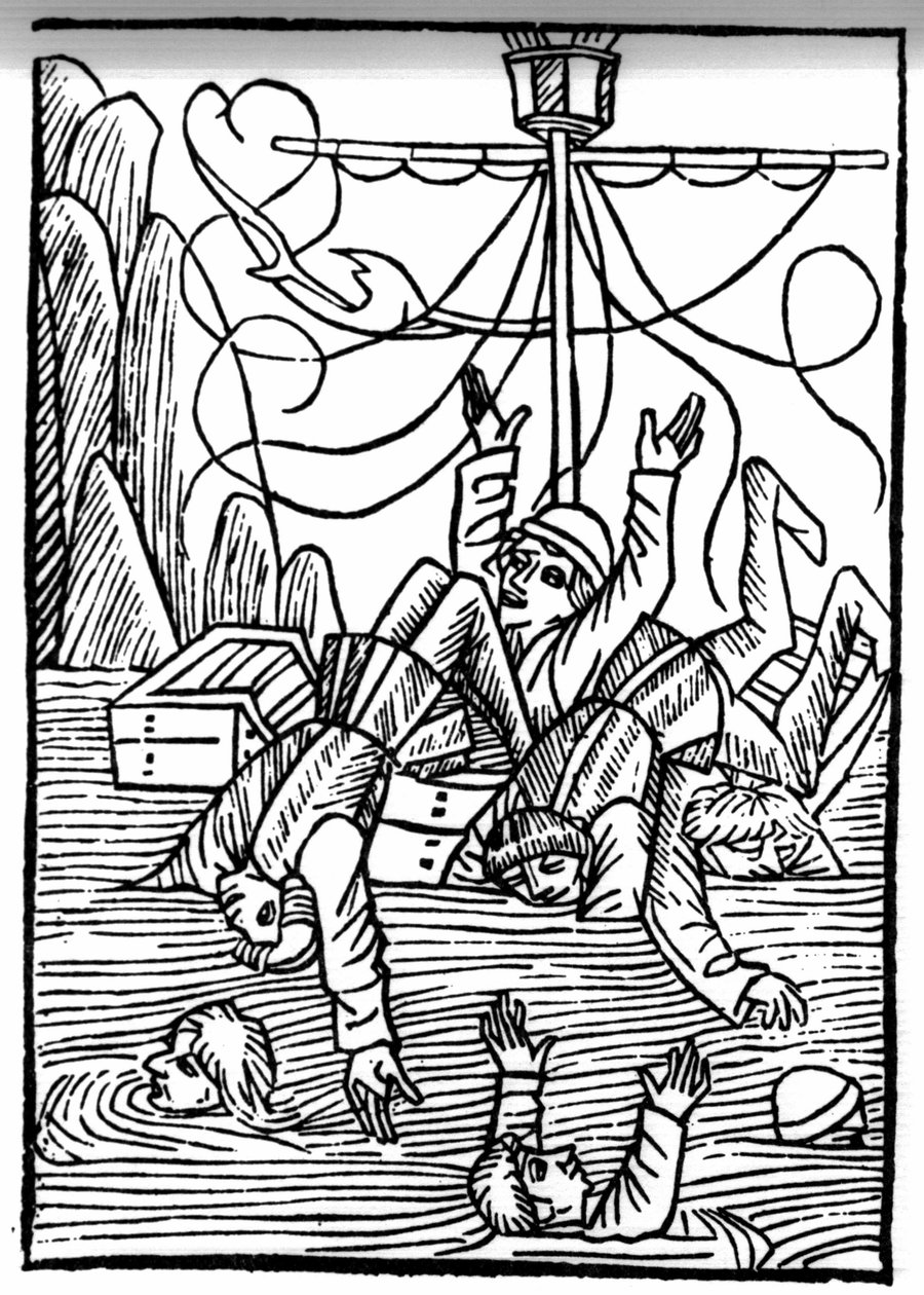 Legenden om Saint Brendan (Brandan), Heros og den irske helgen fra det 6. århundrede Skibe synker i Cleveshavet. Indgravering af "" Die Wunderbare Meerfahrt des Hl. Brandan." balle af Swiss School