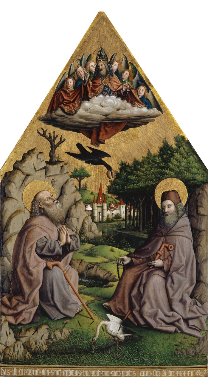 Den mirakuløse fodring af Saint Anthony og Saint Paul Eremitten (blandet medier på træ) af Swiss School