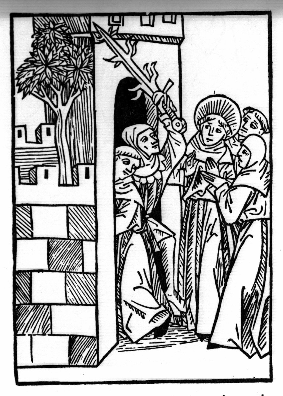 Legenden om Saint Brendan (Brandan), helte og irsk helgen fra det 6. århundrede. En af munkene er fængslet. Indgravering af "" Die Wunderbare Meerfahrt des Hl. Brandan." balle af Swiss School