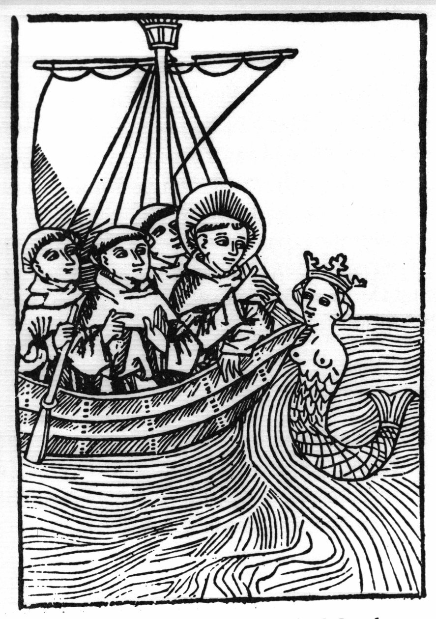 Legenden om Saint Brendan (Brandan), helte og irsk helgen fra det 6. århundrede. St. Brendans møde med Sirene. Indgravering af "" Die Wunderbare Meerfahrt des Hl. Brandan." balle af Swiss School