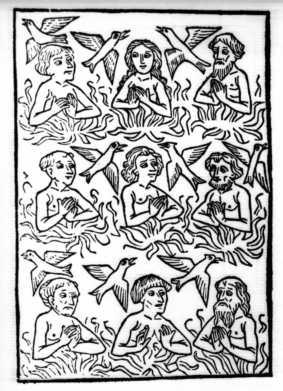 Legenden om Saint Brendan (Brandan), helte og irsk helgen fra det 6. århundrede: Skærsildens ild og ildfuglene. Indgravering af "" Die Wunderbare Meerfahrt des Hl. Brandan." balle af Swiss School