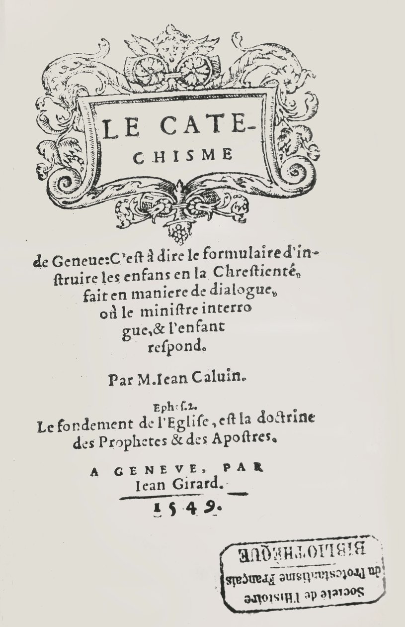 Titelblad for John Calvins katekismus, udgivet i Genève, 1549 af Swiss School