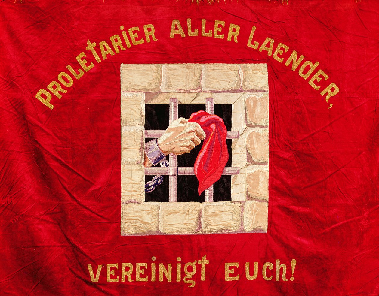 Fagforeningsbanner, der opfordrer proletarerne i alle lande til at forene sig (malet silke) af Swiss School