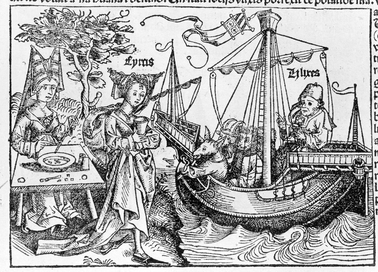 Ulysses og hans ledsagere forvandlet til grise af tryllekunstneren Circe - i "" Cosmographia"" af Sebastian Munster, Basel 1558 af Swiss School