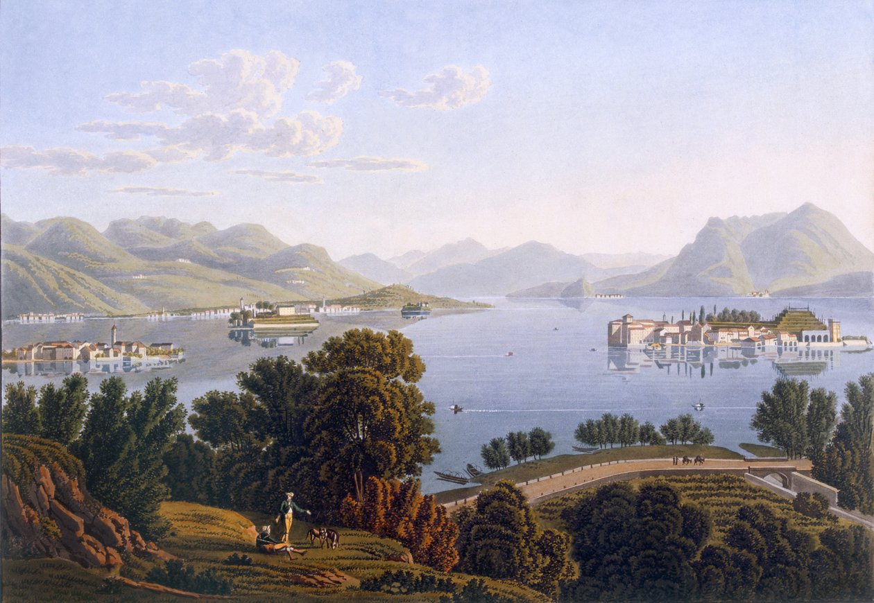 Udsigt over Lago Maggiore og Borromean-øerne, fra Voyage Pittoresque de Geneve a Milano, 1819 af Swiss School