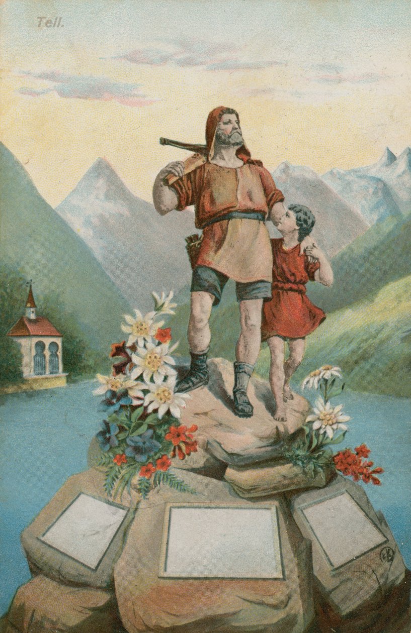 Wilhelm Tell og hans søn (chromolitho) af Swiss School