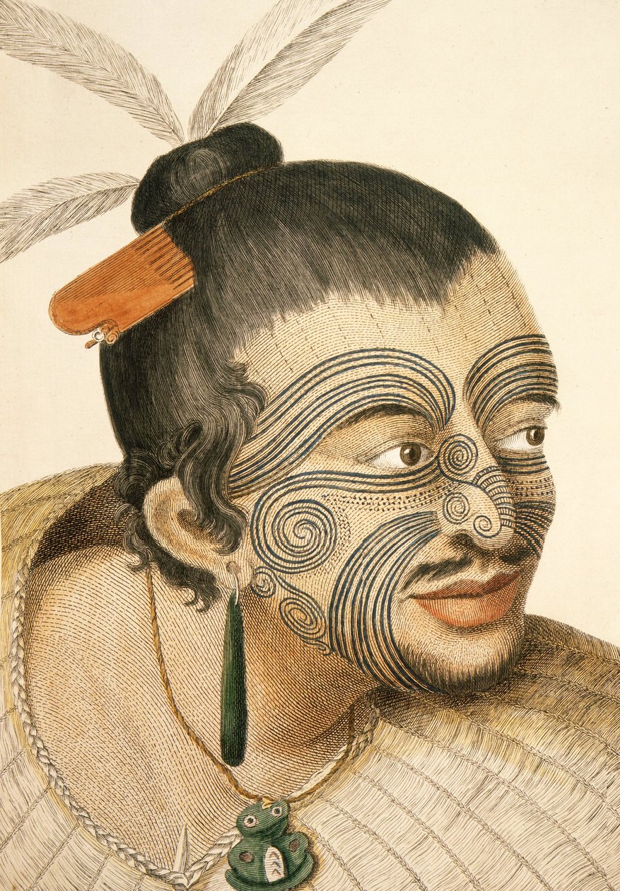 Portræt af en maorihøvding med fuld ansigtsbehandling Moko, 1769 af Sydney Parkinson