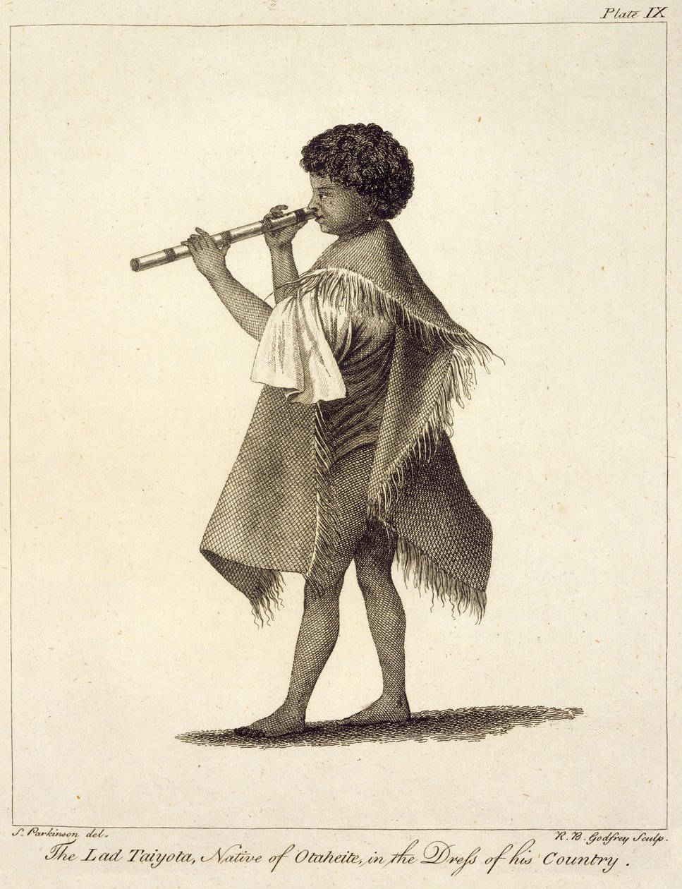 The Lad Taiyota, Native of Otaheite, in the Dress of his Country, graveret af R.B. Godfrey, plade 9 fra 