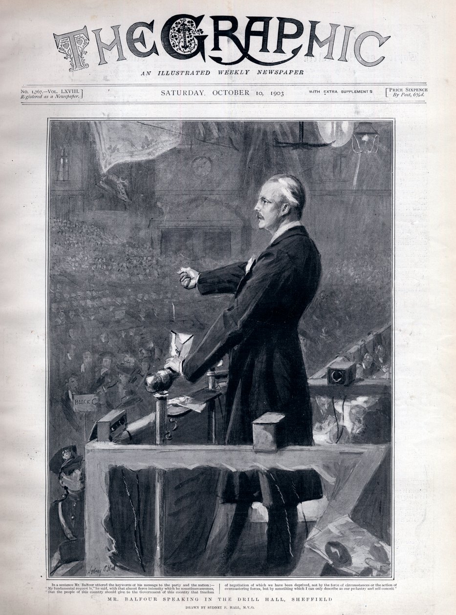 Arthur James Balfour (1848-1930) britisk politiker og statsmand taler i borehallen, Sheffield. af Sydney Prior Hall