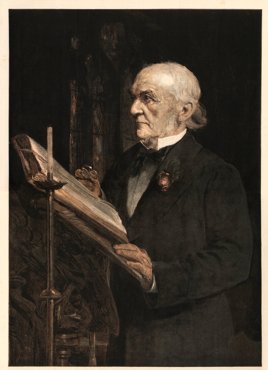 William Ewart Gladstone (1809-1898) engelsk statsmand, læser lektionen i Hawarden Church. af Sydney Prior after Hall