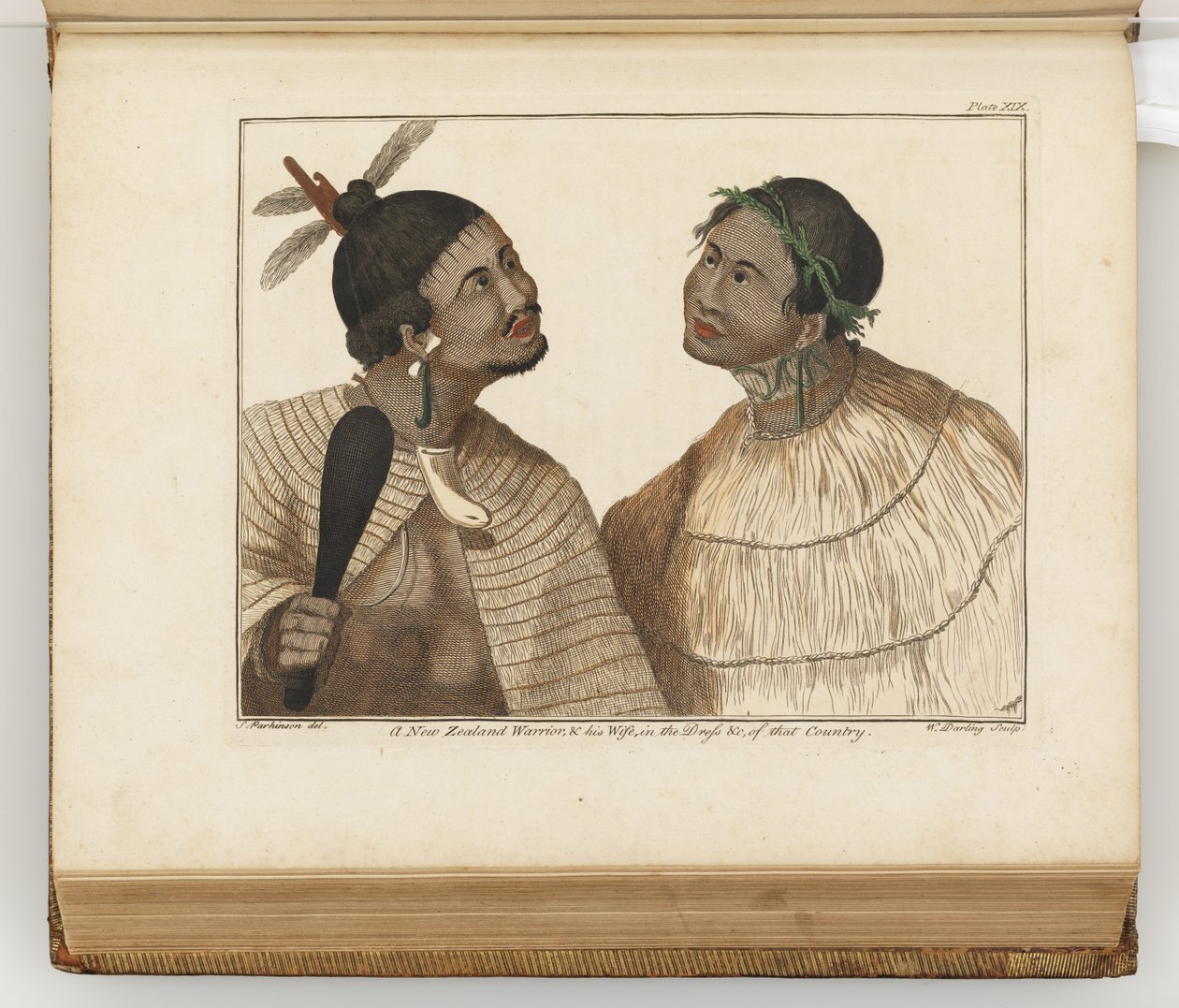 En newzealandsk kriger og hans kone, illustration fra A journal of a voyage to the South Seas: in His Majestys ship, the Endeavour, 1794 (håndkoloreret gravering) af Sydney