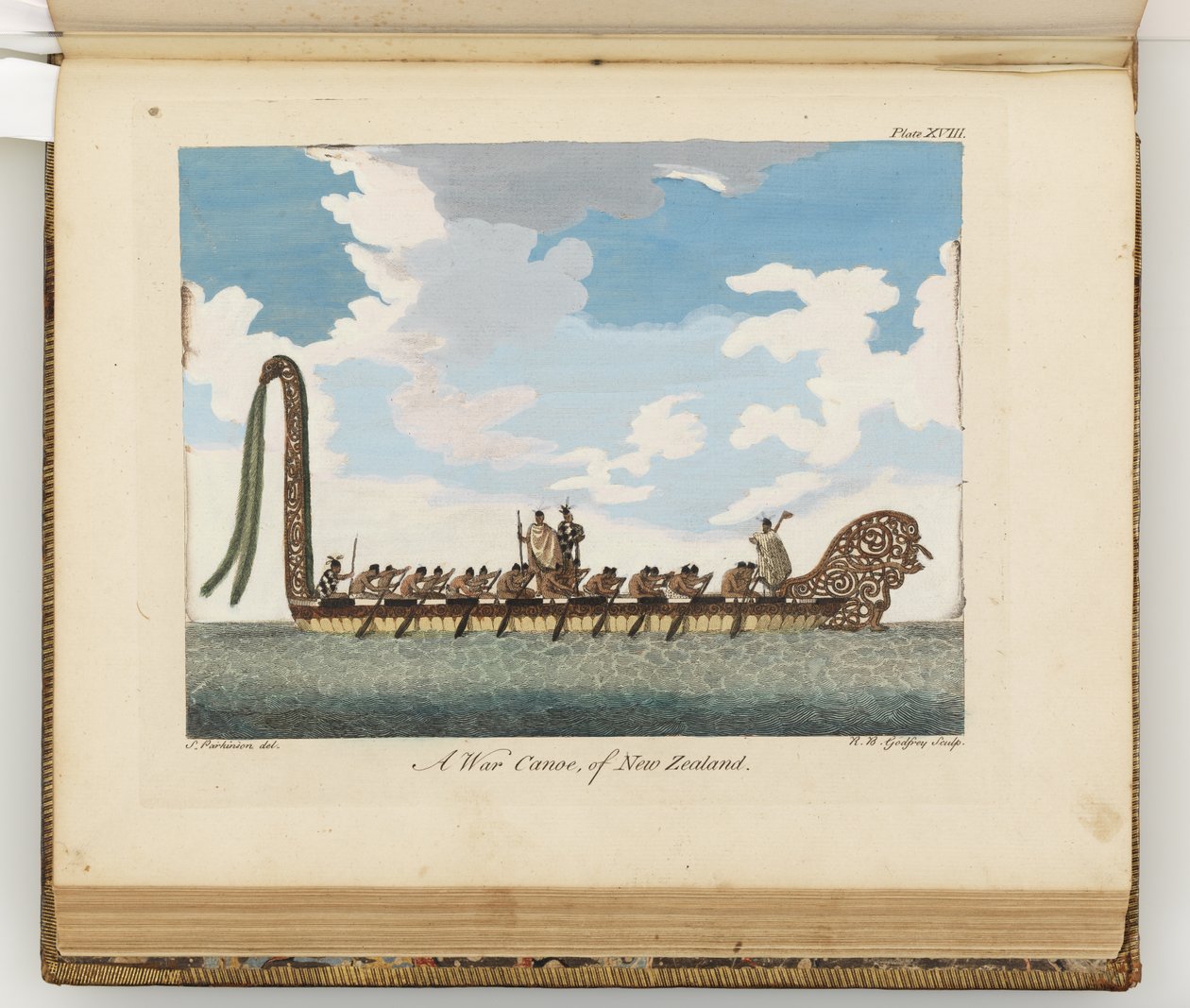 En krigskano fra New Zealand, illustration fra A journal of a voyage to the South Seas: in His Majestys ship, the Endeavour, 1794 (håndkoloreret gravering) af Sydney