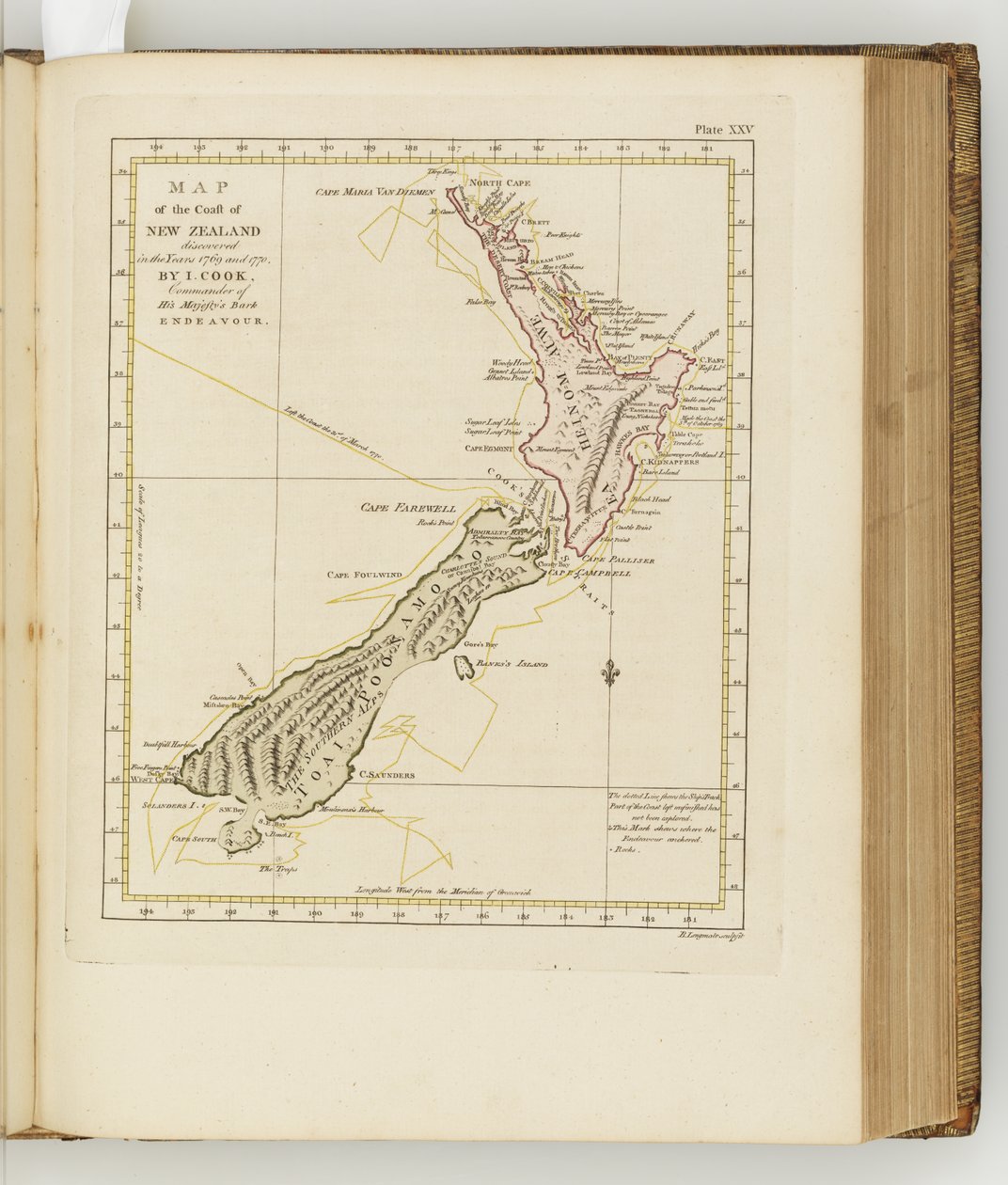 Kort over New Zealands kyst, illustration fra A journal of a voyage to the South Seas: in His Majestys ship, the Endeavour, 1794 (håndkoloreret gravering) af Sydney