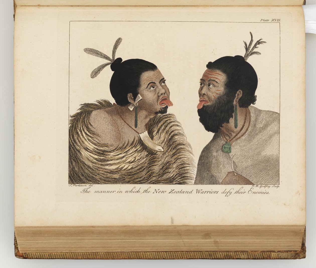 Måden, hvorpå de newzealandske krigere trodser deres fjender, illustration fra A journal of a voyage to the South Seas: in His Majestys ship, the Endeavour, 1794 (håndfarvet gravering) af Sydney